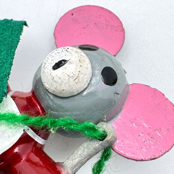 Vintage Wood Mouse Ornament Seamstress Decor On Spool Mid-Century Hand-Painted - Picture 2 of 9